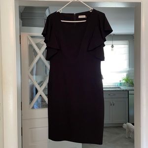 Calvin Klein Black Dress with 2 Pockets and Ruffle Detail at arms. Size 10.